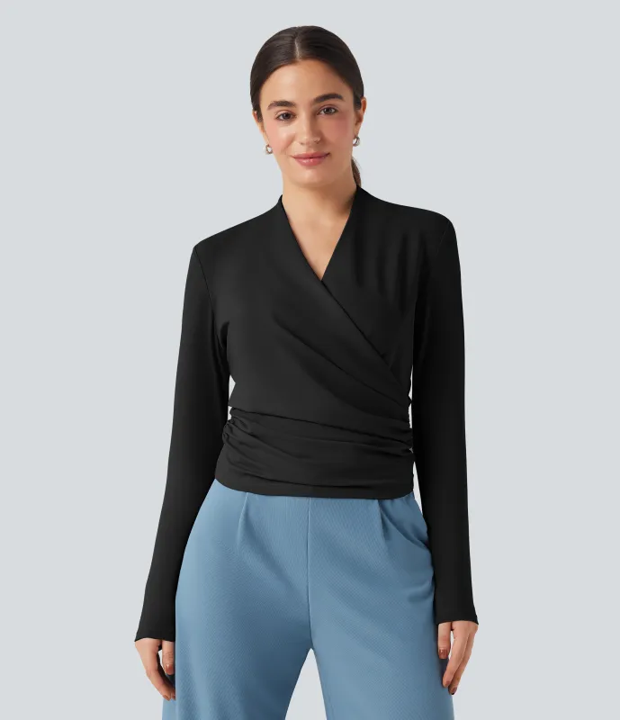 Halara Blusa de trabajo fruncida de manga larga con cuello en V - Black - S sold by Halara