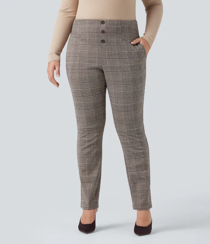 Halara Pantalones de oficina ajustados  Halara Flex™ de tiro alto con diseño de pata de gallo y bolsillos en tallas grandes - Brown Houndstooth Plaid - 2X(regular) sold by Halara