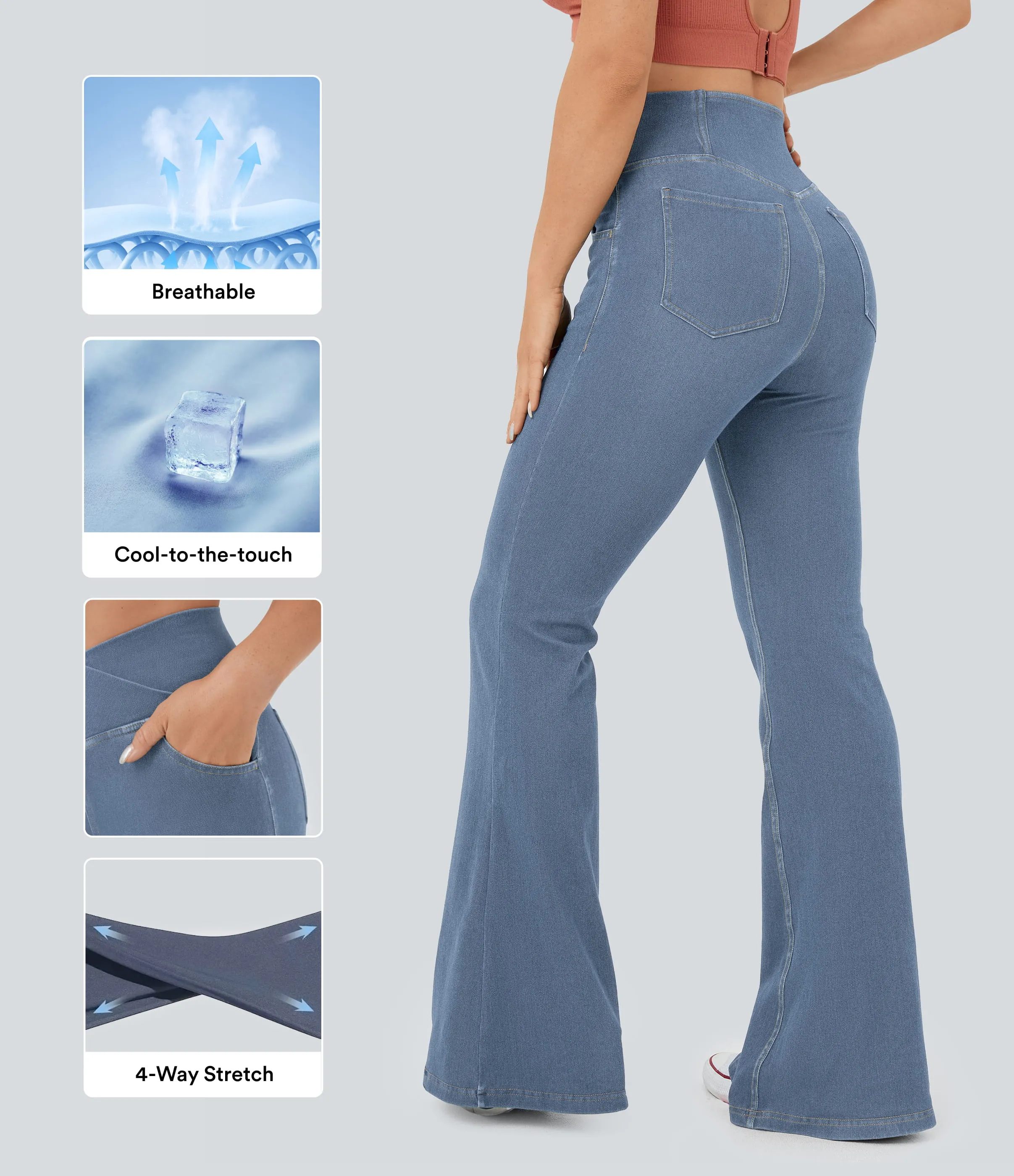 Halara Jeans Halara Flex™ Denim súper acampanado elástico lavado bolsillo cruzado tiro alto - Pastel Blue Denim - S(tall) sold by Halara