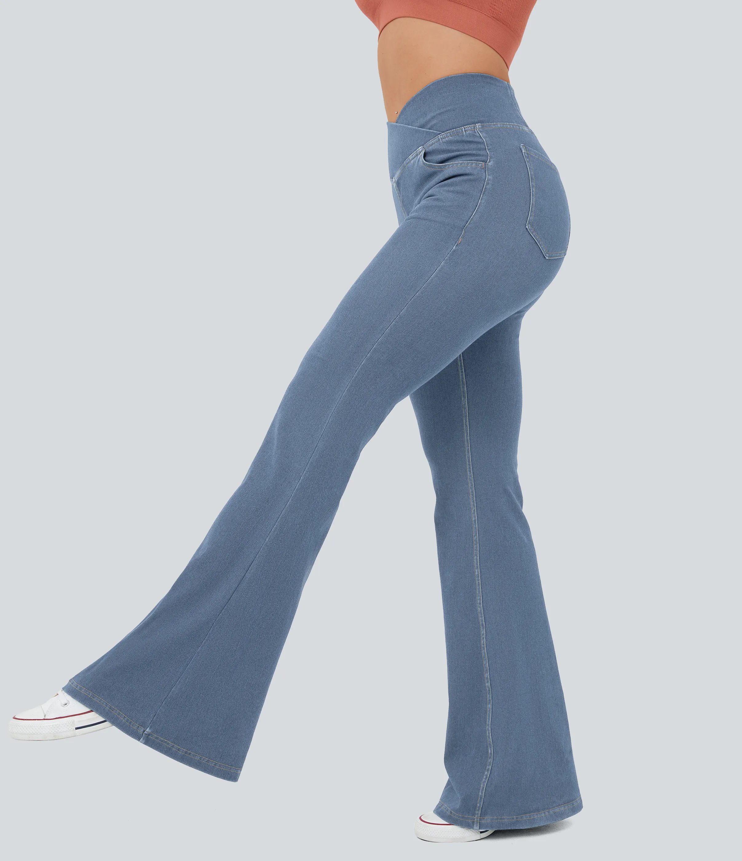Halara Jeans Halara Flex™ Denim súper acampanado elástico lavado bolsillo cruzado tiro alto - Pastel Blue Denim - S(tall) sold by Halara product image thumbnail 4