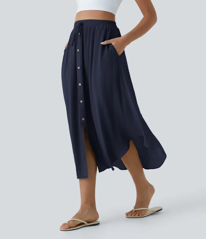 Halara Falda casual midi fluida con bolsillo lateral con botones y cordón de talle alto - Maritime Blue - M(regular) sold by Halara