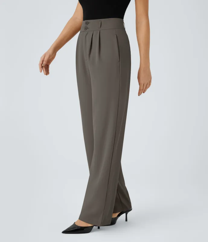 Halara Pantalón oficina tiro alto botón cremallera bolsillo lateral fruncido pierna recta - Lead Grey - M(petite) made by Halara