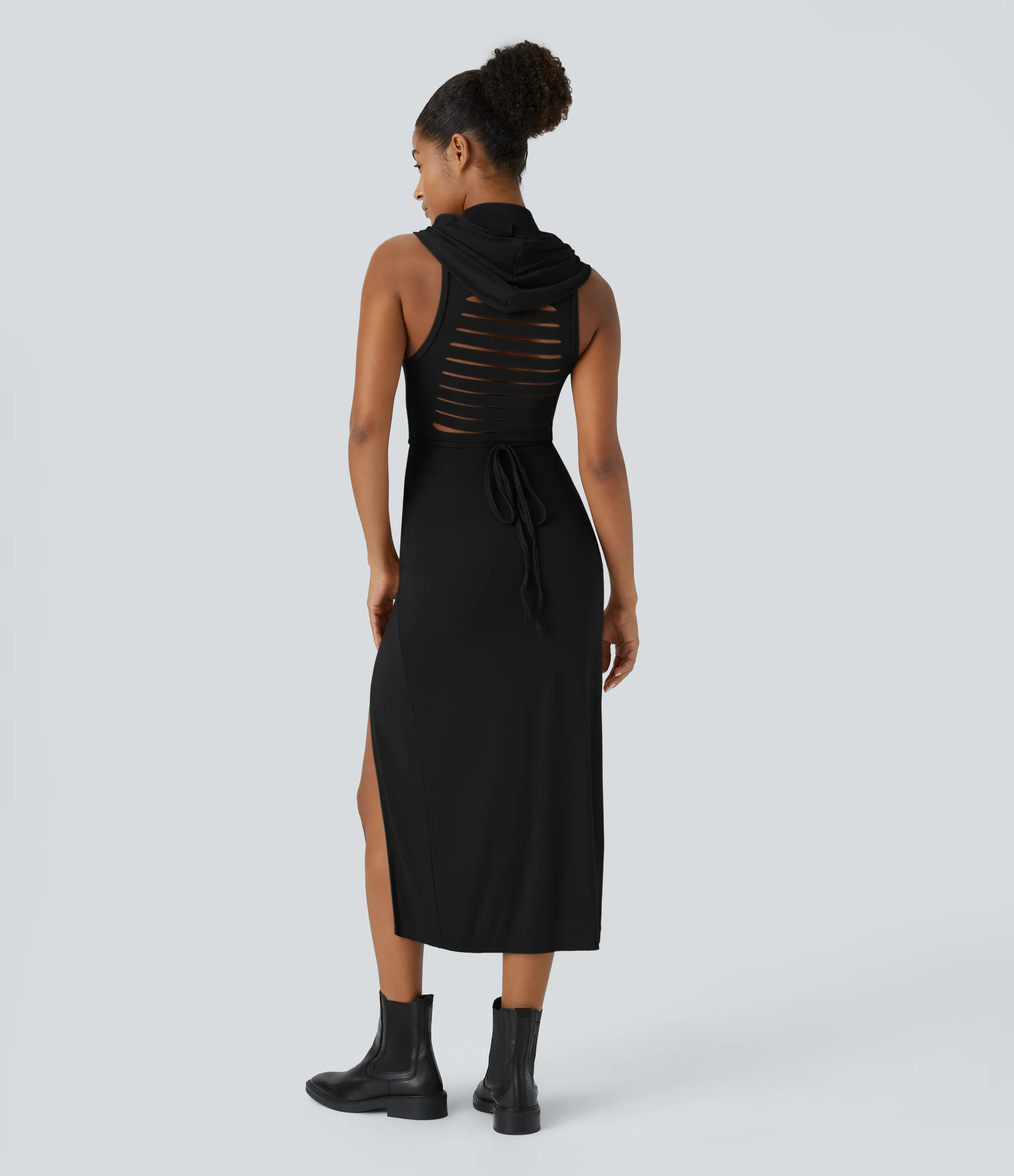 Halara Vestido media pierna 2 piezas abertura lazo espalda sin mangas cuello alto capucha canalé - Black - M sold by Halara product image thumbnail 3