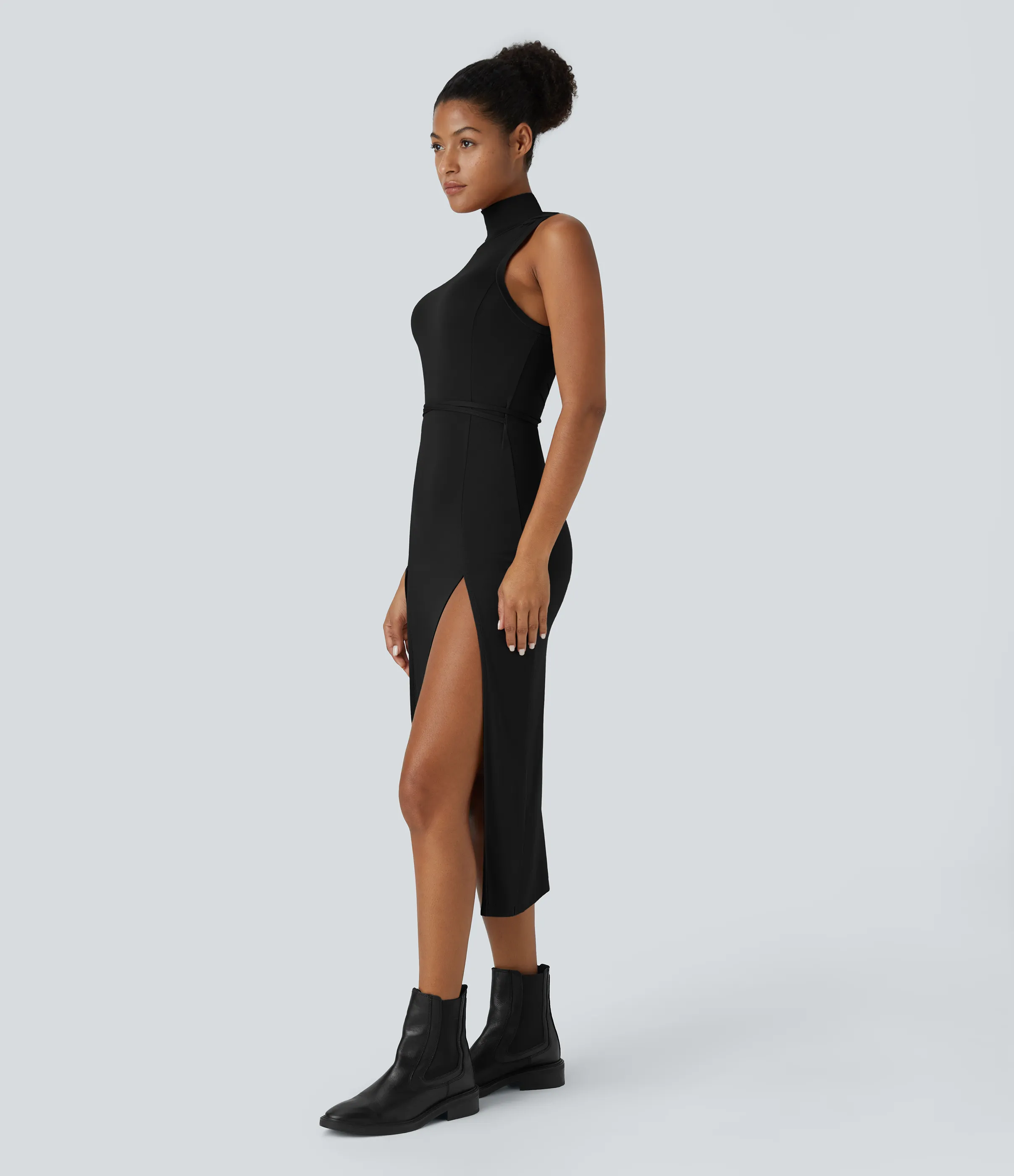 Halara Vestido media pierna 2 piezas abertura lazo espalda sin mangas cuello alto capucha canalé - Black - M sold by Halara product image thumbnail 4