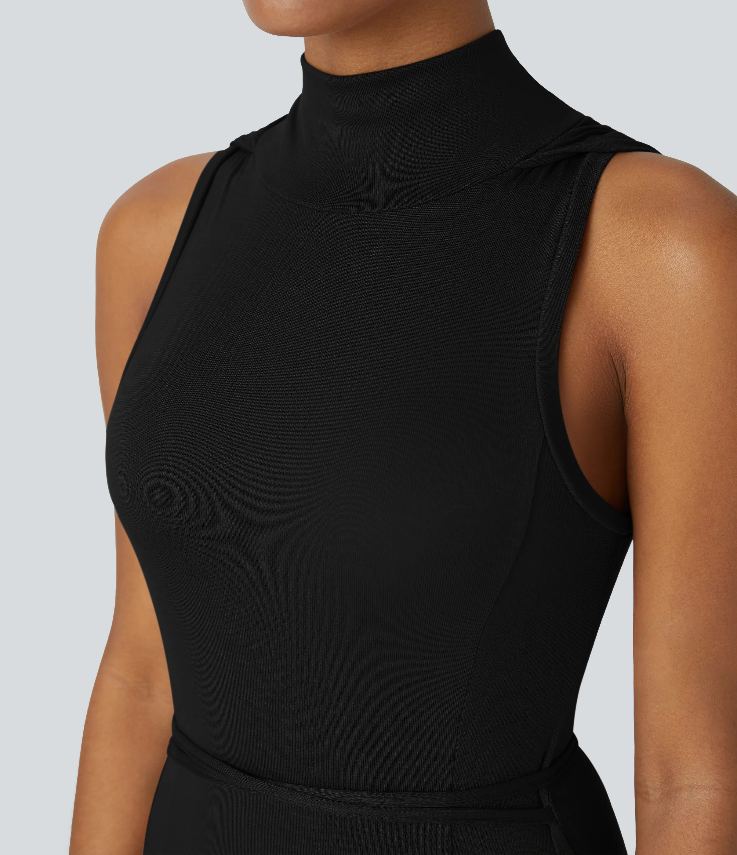 Halara Vestido media pierna 2 piezas abertura lazo espalda sin mangas cuello alto capucha canalé - Black - M sold by Halara product image thumbnail 5