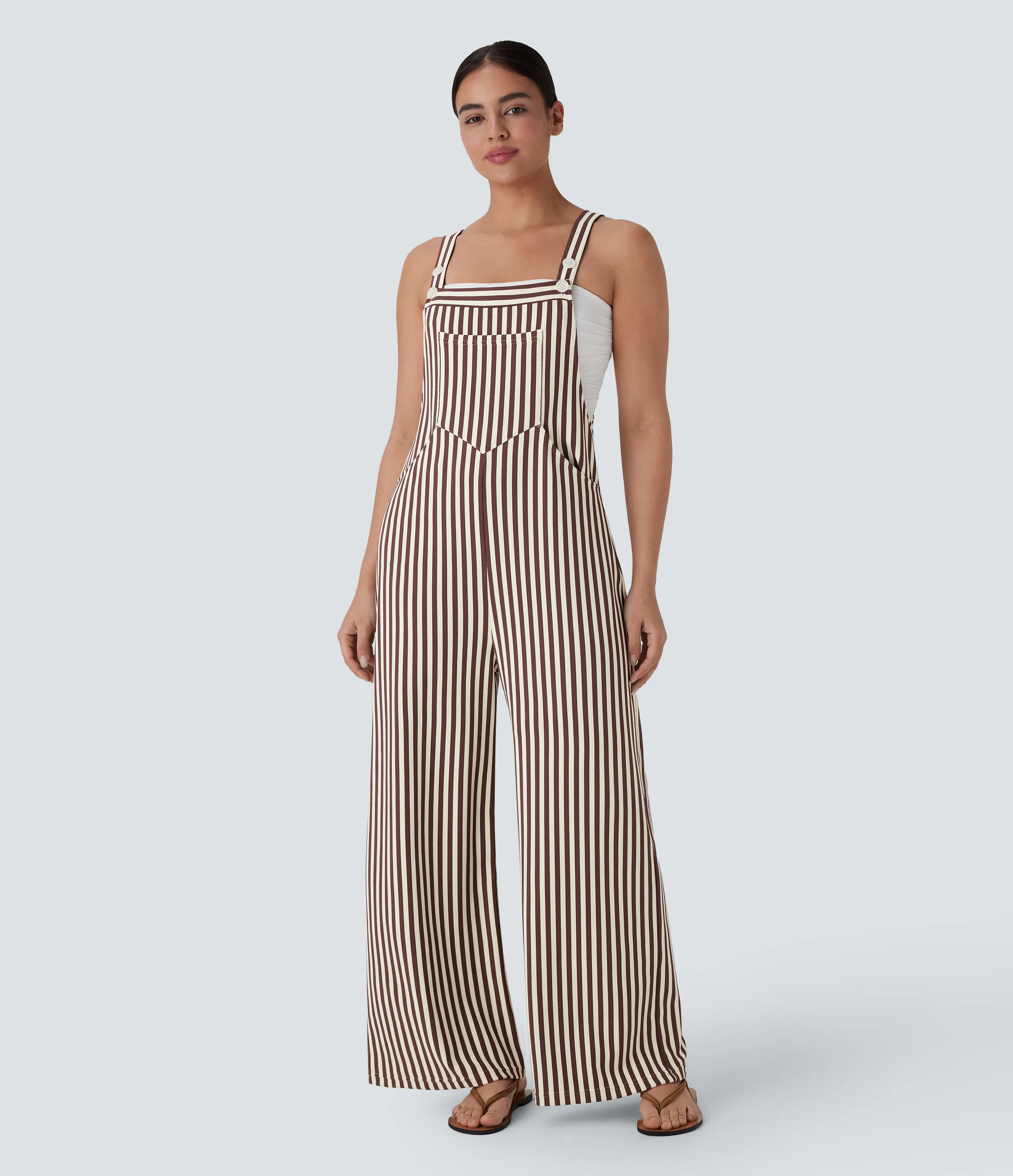 Halara Overol resort gofre raya múltiple bolsillo botón correa ajustable - Khaki Brown Horizontal Stripe - XS(regular) sold by Halara