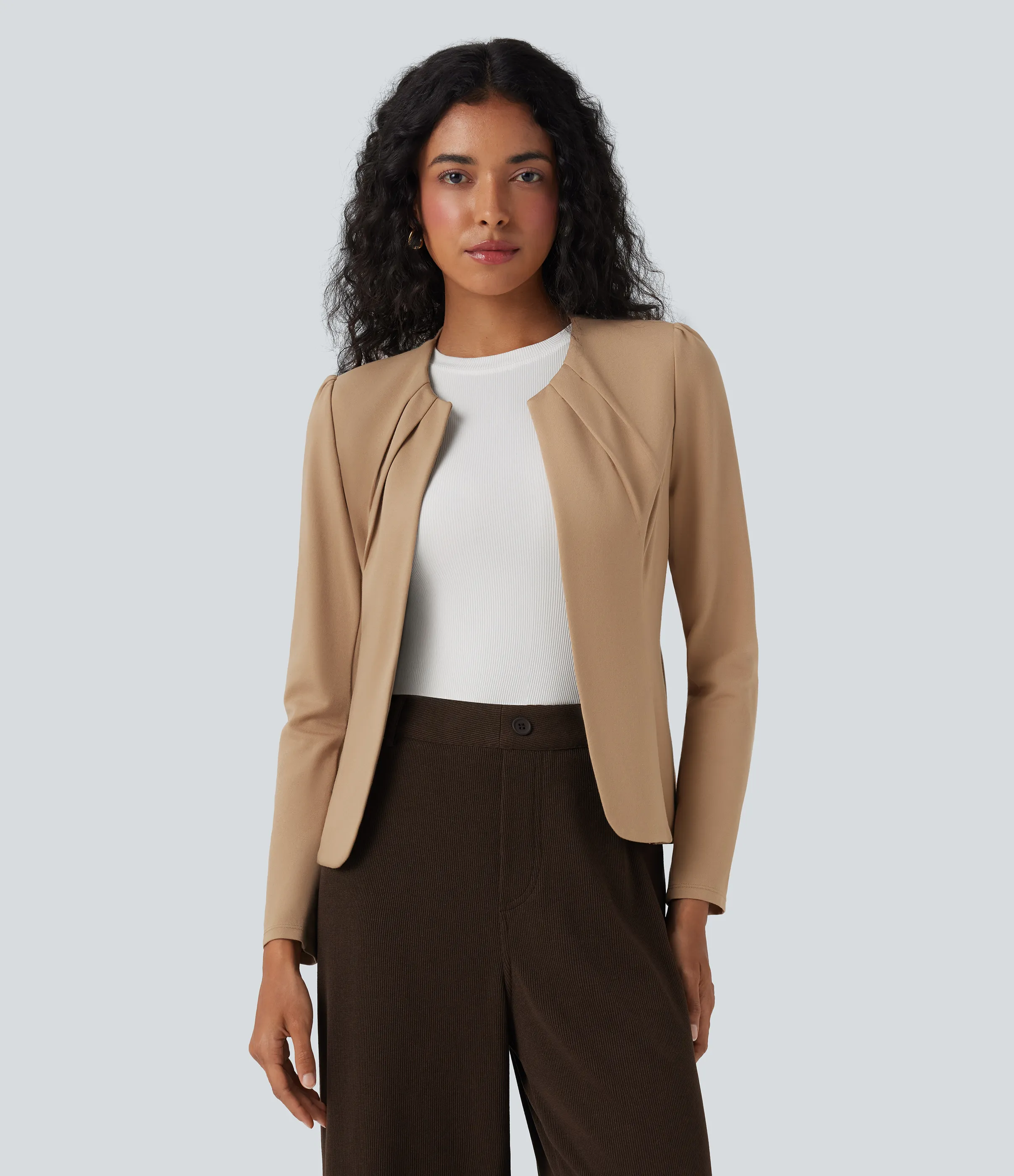 Halara Blazer con cuello redondo y cierre de gancho con ojal - Tan - M sold by Halara product image thumbnail 2