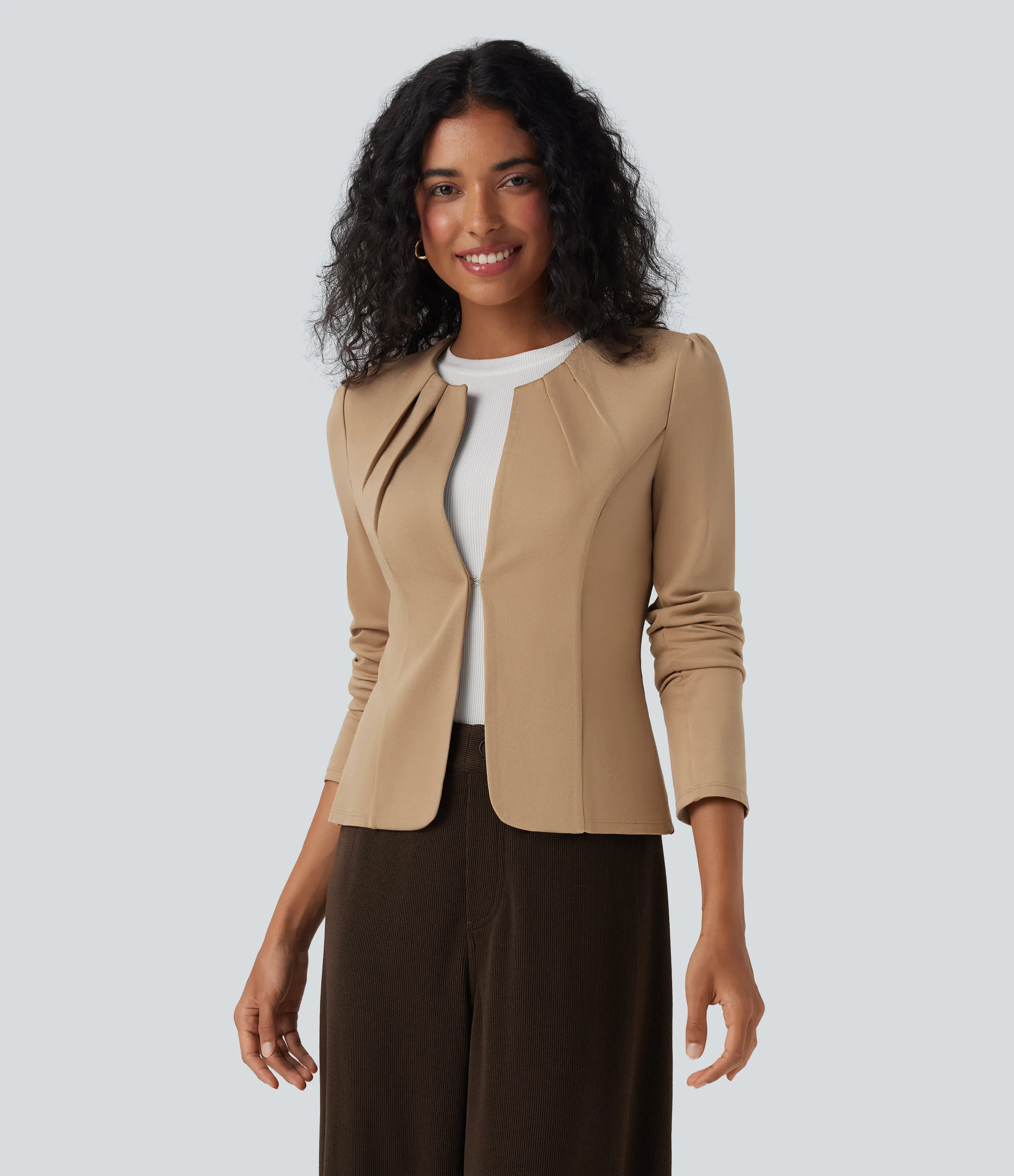 Halara Blazer con cuello redondo y cierre de gancho con ojal - Tan - M sold by Halara product image thumbnail 4