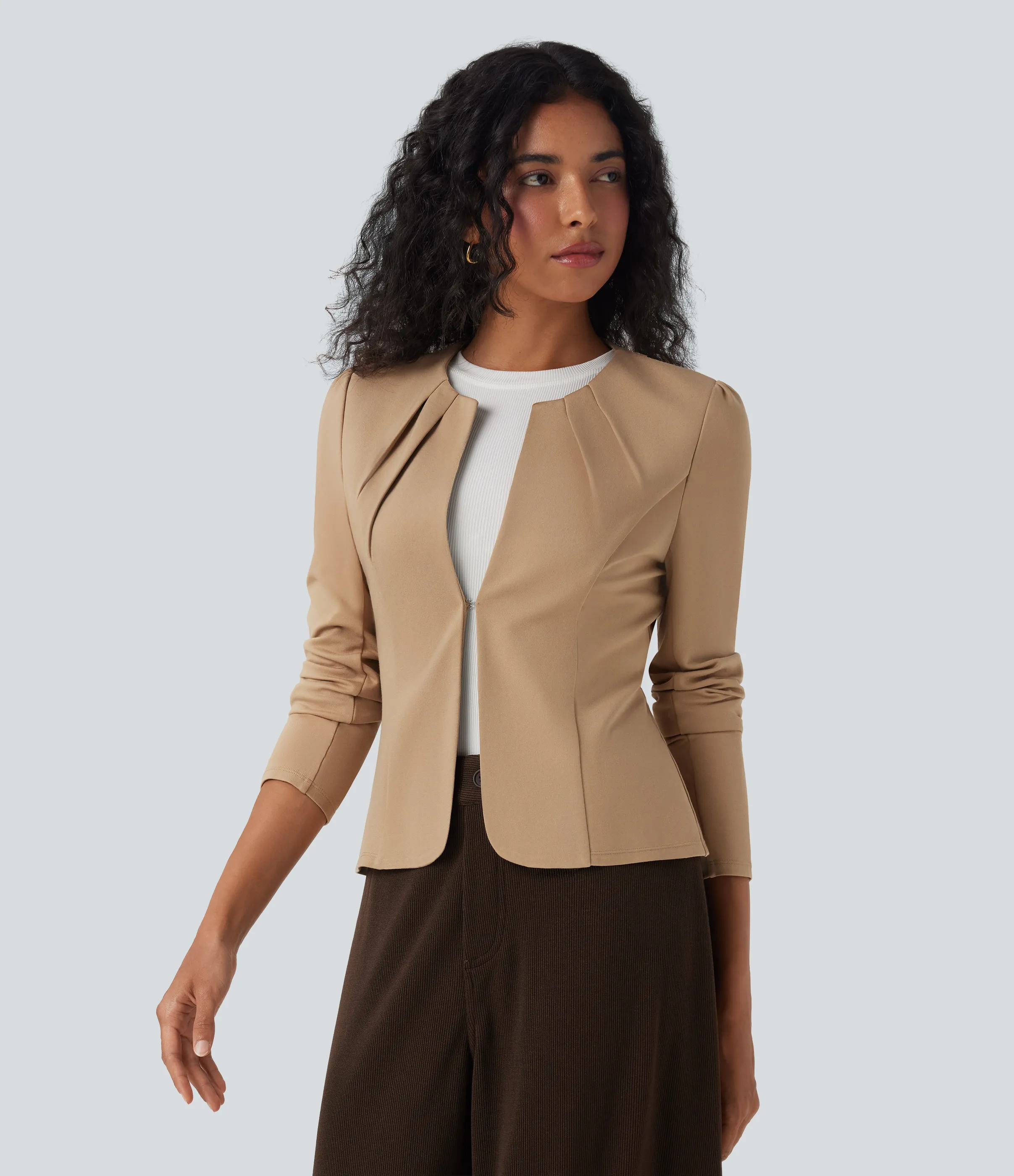 Halara Blazer con cuello redondo y cierre de gancho con ojal - Tan - M sold by Halara product image thumbnail 5
