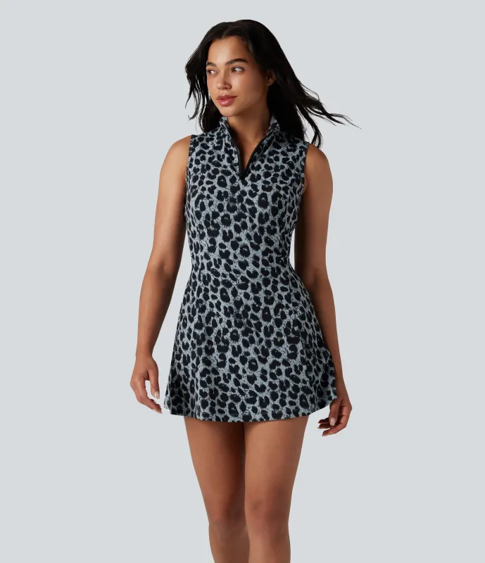 Halara Vestido deportivo de tenis Halara UltraSculpt™ con estampado de leopardo, cuello polo, media cremallera, sin mangas y bolsillos - Moonshadow Leopard - XS made by Halara