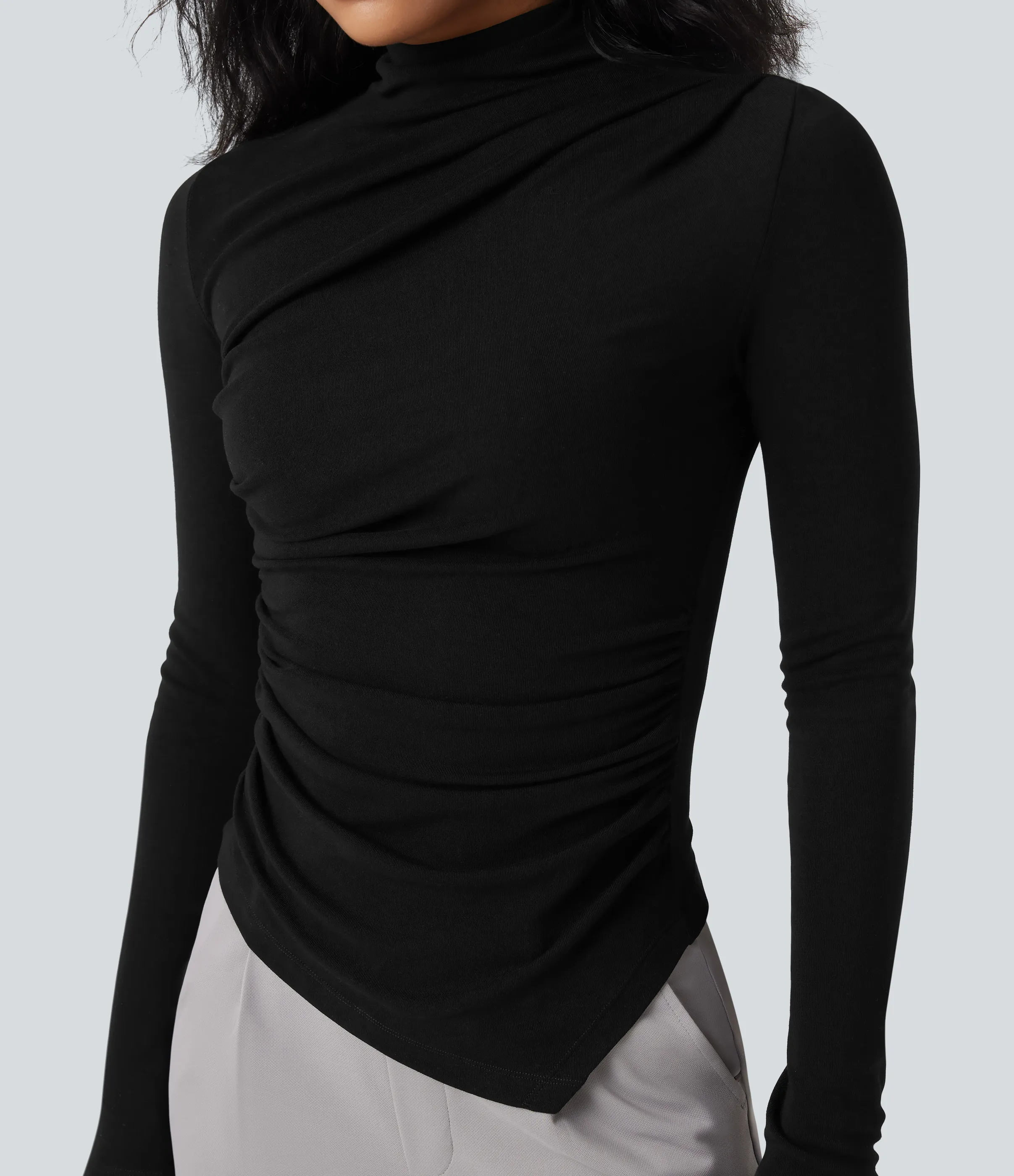 Halara Top casual térmico de cuello alto de manga larga con dobladillo asimétrico fruncido - Black - XS sold by Halara product image thumbnail 5