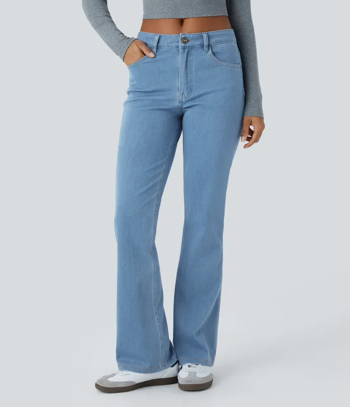 Halara Jeans Halara Flex™ Denim en corte de bota elásticos de tiro medio con botón y bolsillos - Washed Denim Sunny Blue - L(tall) made by Halara