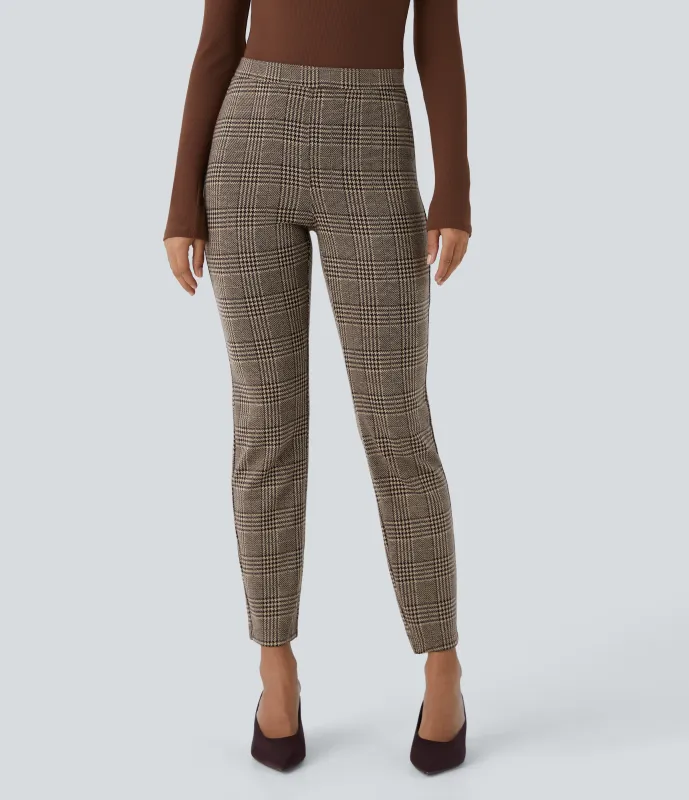 Halara Pantalón Halara Flex™ oficina ajustado pata gallo bolsillo trasero tiro alto - Brown Houndstooth Plaid - L(regular) made by Halara