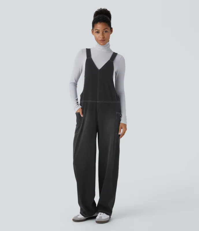 Halara Overol Halara Flex™ Denim mezclilla elástico lavado bolsillo lateral cuello V - Dirty Grey Black Denim - M(tall) sold by Halara