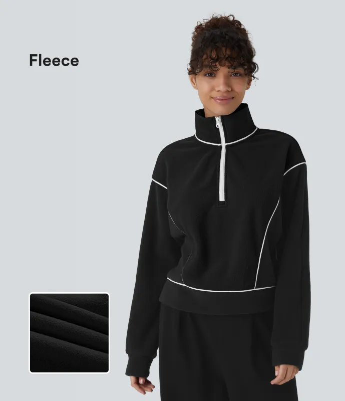 Halara Sudadera polar cuello alto media cremallera manga larga bloque color - Black - XS sold by Halara