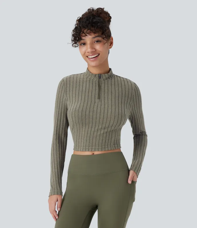 Halara Top corto manga larga cuello alto media cremallera acanalado - Moss Green Floral Velvet - XL sold by Halara