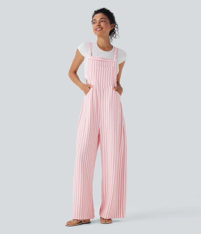 Halara Overol resort gofre raya múltiple bolsillo botón correa ajustable - Pink Stripe - XL(regular) sold by Halara