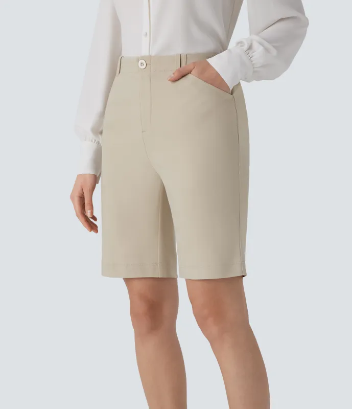 Halara Pantalón corto oficina bolsillo lateral cierre botón tiro medio 22.8cm - French Oak - L made by Halara