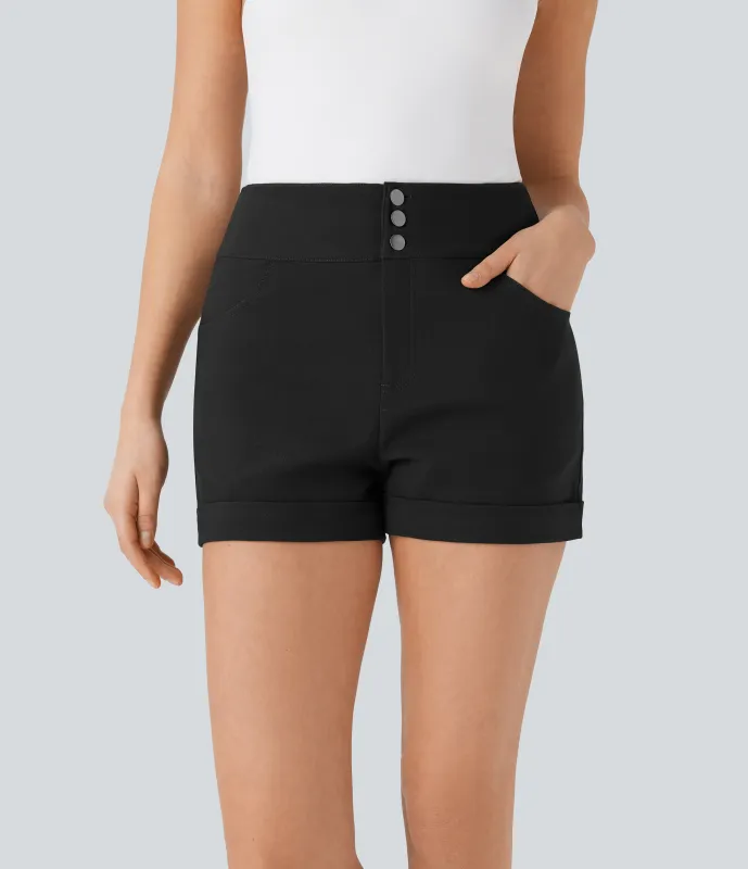 Halara Shorts casuales ajustados de tiro alto con botones y dobladillo enrollado con bolsillos - Black - L made by Halara