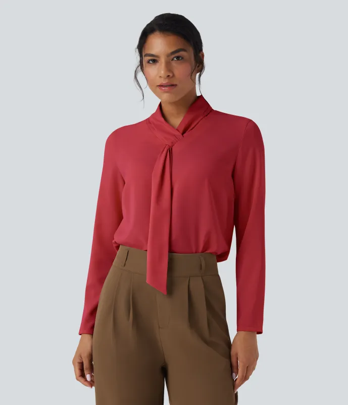 Halara Camisa de oficina de manga larga con cuello de bufanda antiarrugas - Rhythmic Red - XL sold by Halara