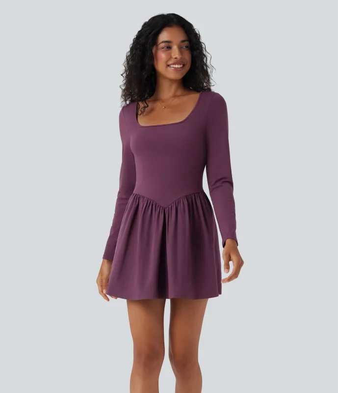 Halara Vestido casual corto Breezeful™ de manga larga con cuello cuadrado y secado rápido con bolsillos - Amaranth - XL made by Halara