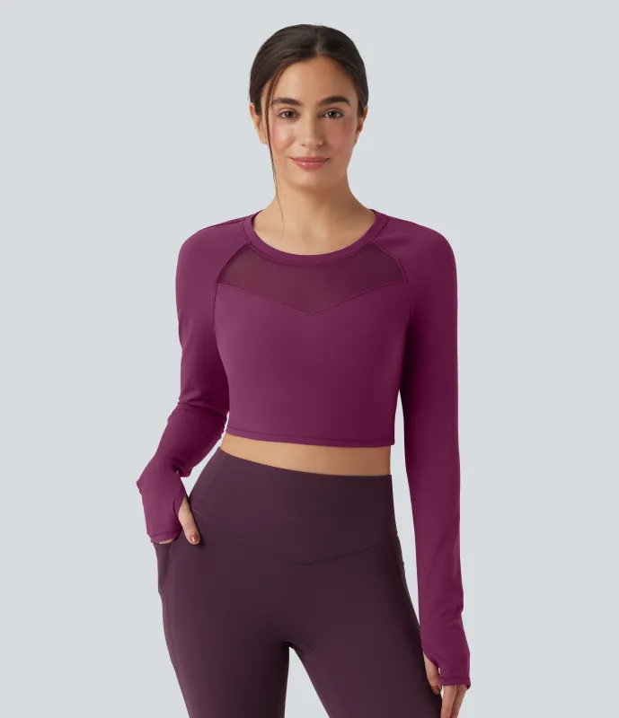 Halara Top deportivo corto de yoga SoftlyZero™ de malla en contraste con abertura para el pulgar y mangas largas de felpa - Ume Purple - M made by Halara