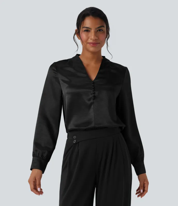 Halara Blusa de oficina de satén de manga larga con cuello en V - Black - S sold by Halara