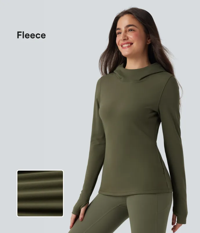 Halara Sudadera polar de senderismo con capucha manga larga agujeros para los pulgares y bolsillos - Army Green - L sold by Halara