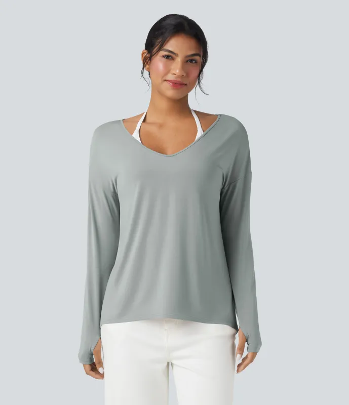 Halara Camiseta holgada de manga larga con escote en V profundo y aberturas para los pulgares (uso frontal y posterior) - Belgian Block - S made by Halara