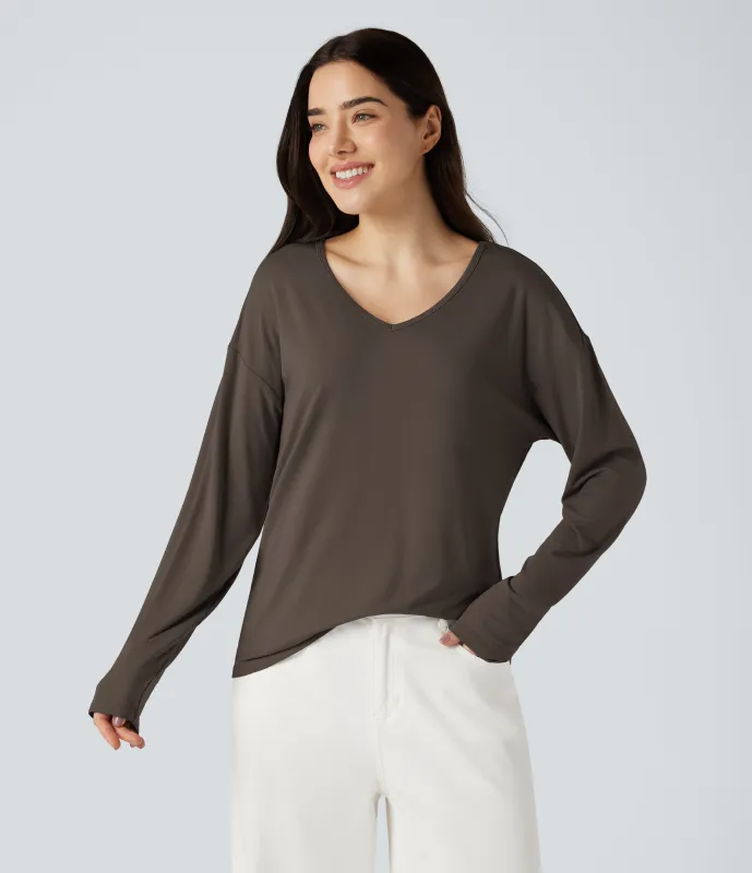 Halara Top casual de manga larga con cuello en V - Coffee Bean - XL sold by Halara