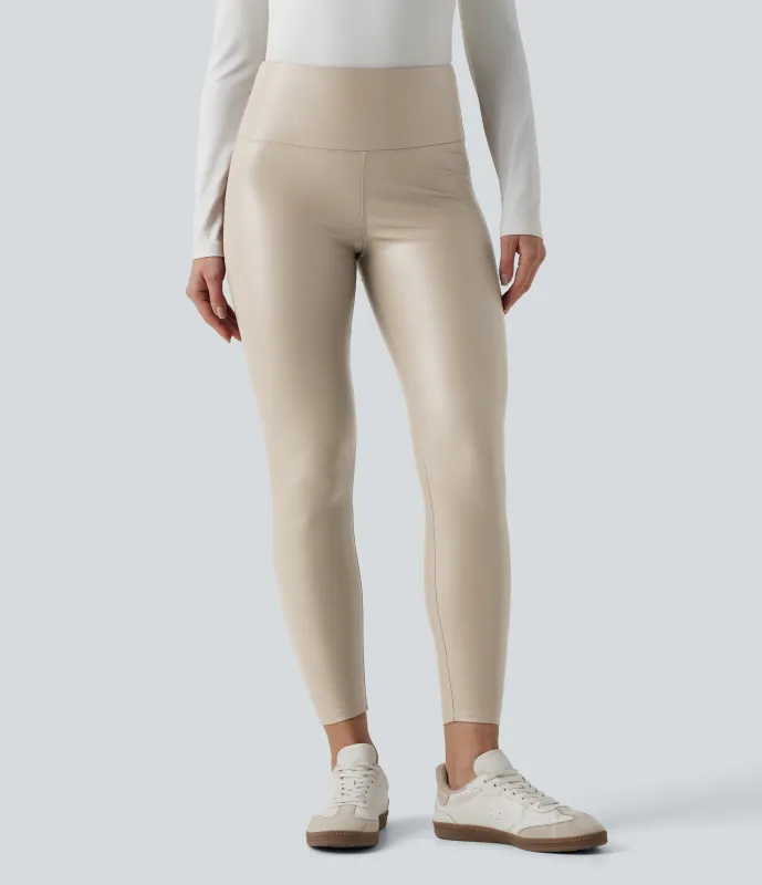 Halara Leggings casuales ajustados SoCinched de 7/8 de PU con control de abdomen, cintura alta y bolsillos - French Oak - L(7/8) made by Halara