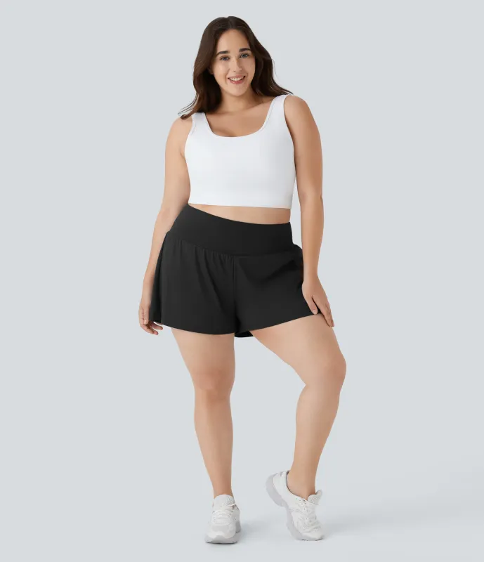 Halara Pantalón corto talla grande yoga 2 en 1 tiro súper alto bolsillo trasero oculto lateral más largo 10cm - Black - 3X(Long) made by Halara