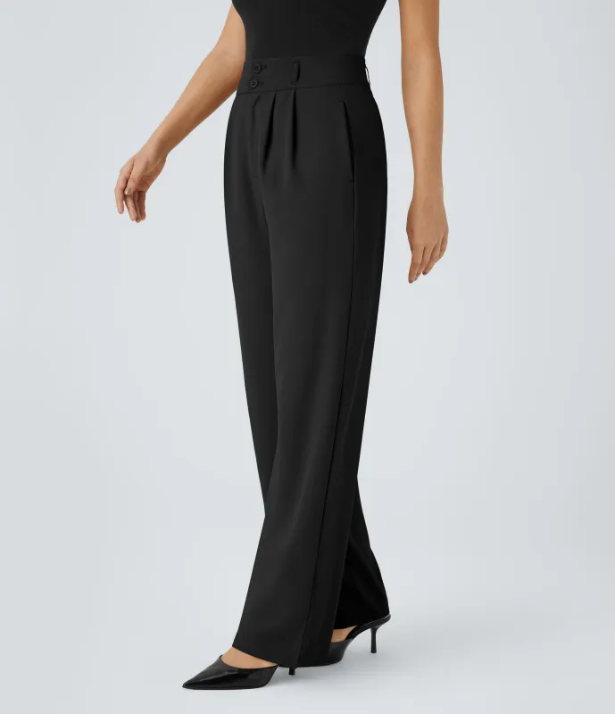 Halara Pantalón oficina tiro alto botón cremallera bolsillo lateral fruncido pierna recta - Black - XS(tall) made by Halara