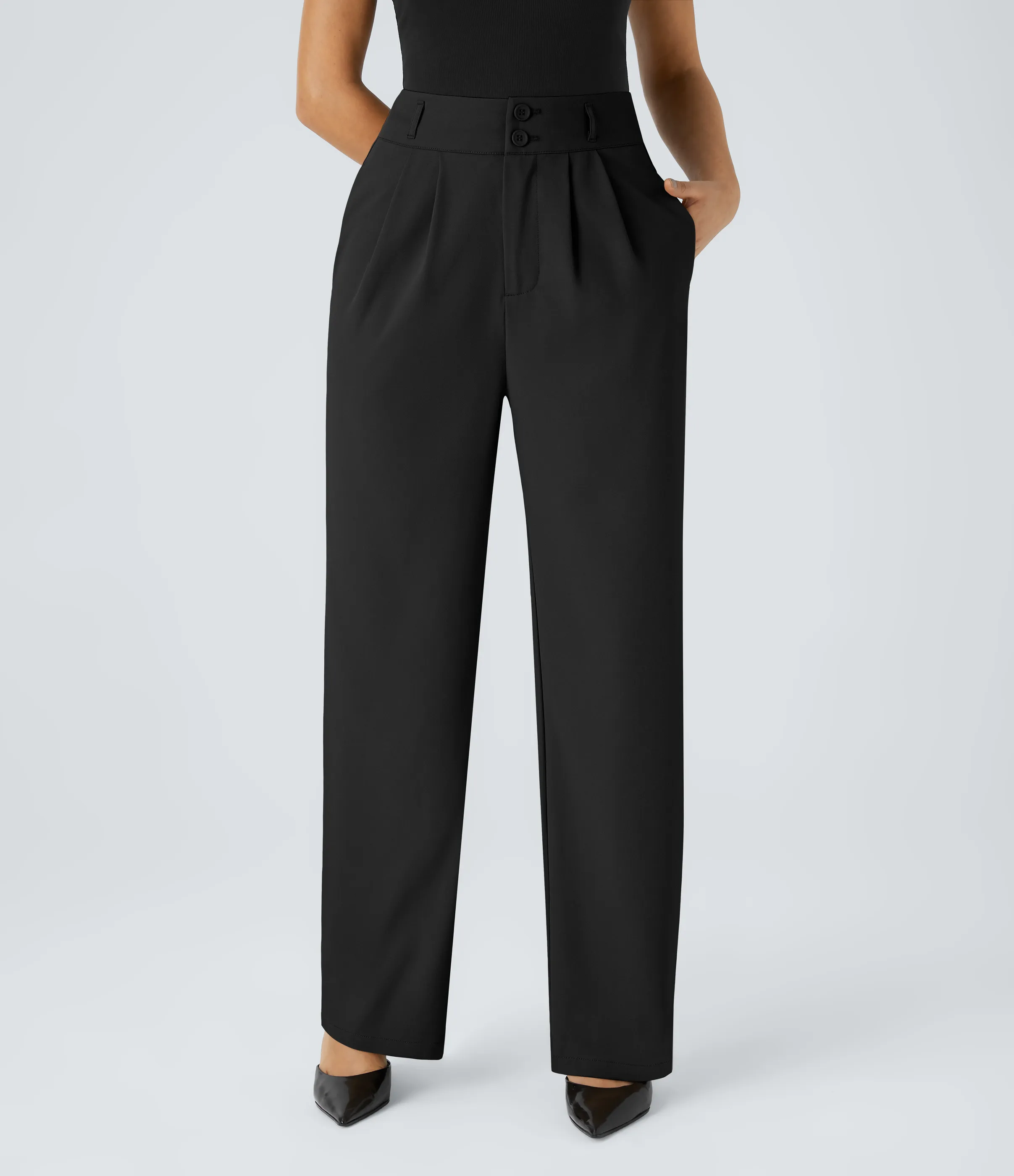 Halara Pantalón oficina tiro alto botón cremallera bolsillo lateral fruncido pierna recta - Black - XS(tall) sold by Halara product image thumbnail 3