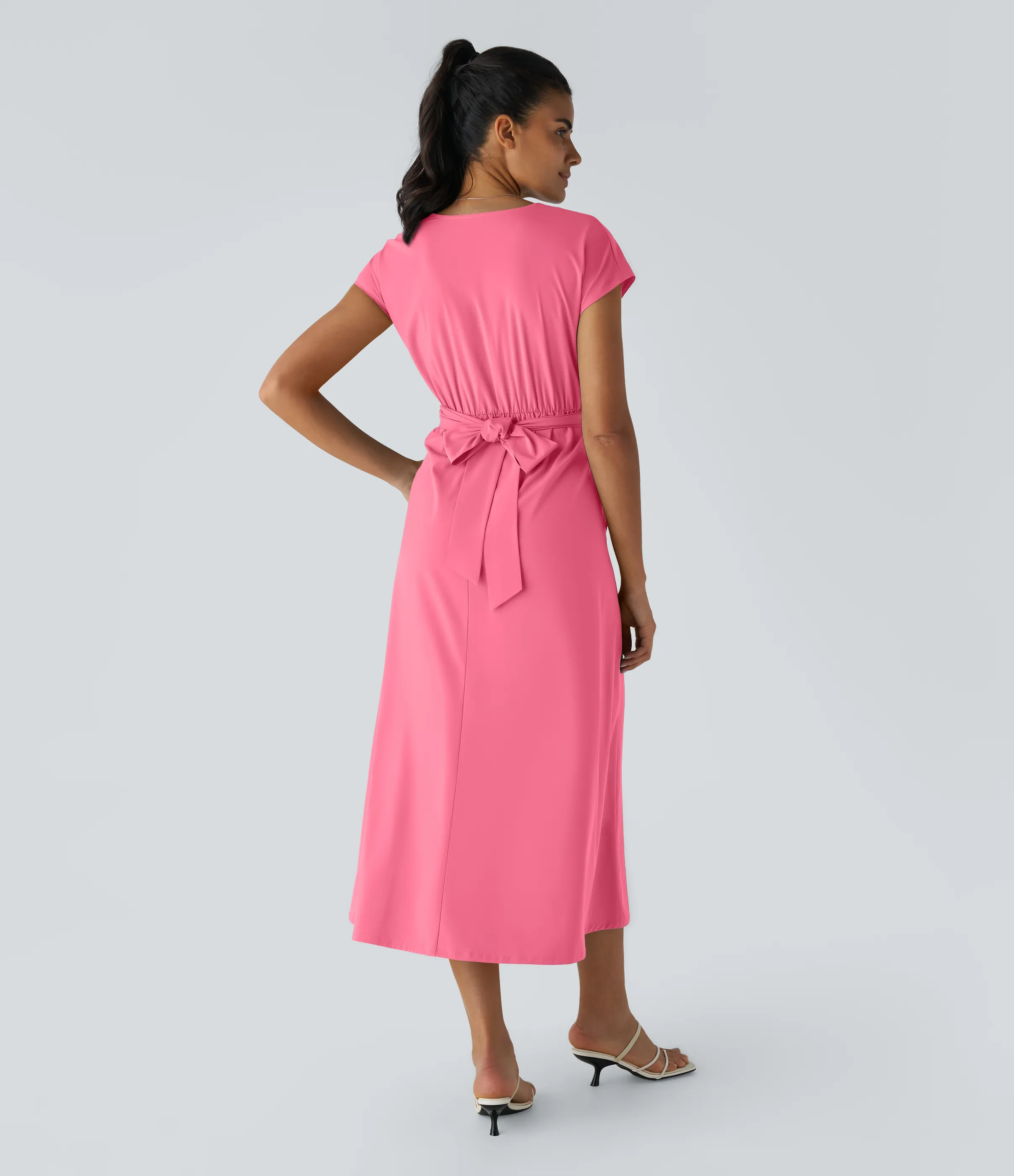 Halara Vestido midi Breezeful™ secado rápido cuello V manga corta bolsillo lateral lazo espalda - Pink Lemonade - XS sold by Halara product image thumbnail 3