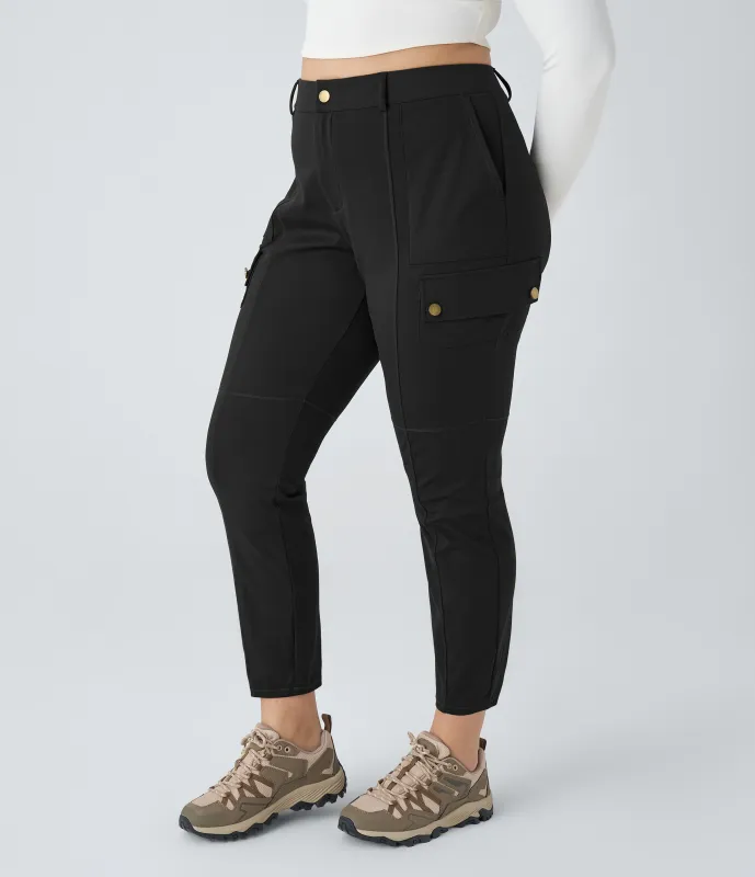 Halara Pantalón cargo tiro alto botón cremallera múltiple bolsillo liso delgado senderismo talla grande - Black - 3X(regular) sold by Halara