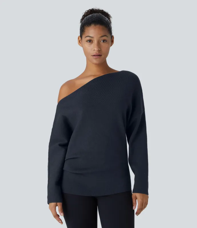 Halara Suéter oficina dividido manga larga sin hombro - Navy Blazer - XL made by Halara