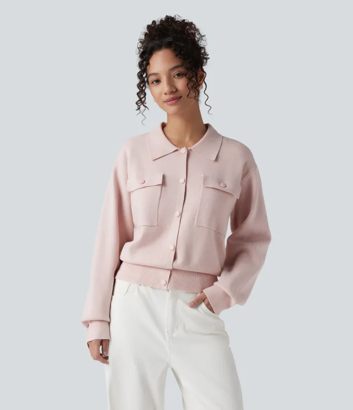 Halara Suéter manga larga cuello abotonado bolsillo pecho - Sepia Rose - XL sold by Halara