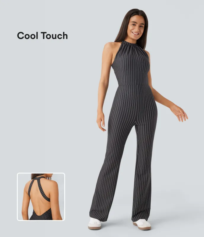 Halara Mono yoga cuello halter sin espalda corte acampanado raya tacto fresco - Black White Oxford Pinstripe - L(regular) sold by Halara