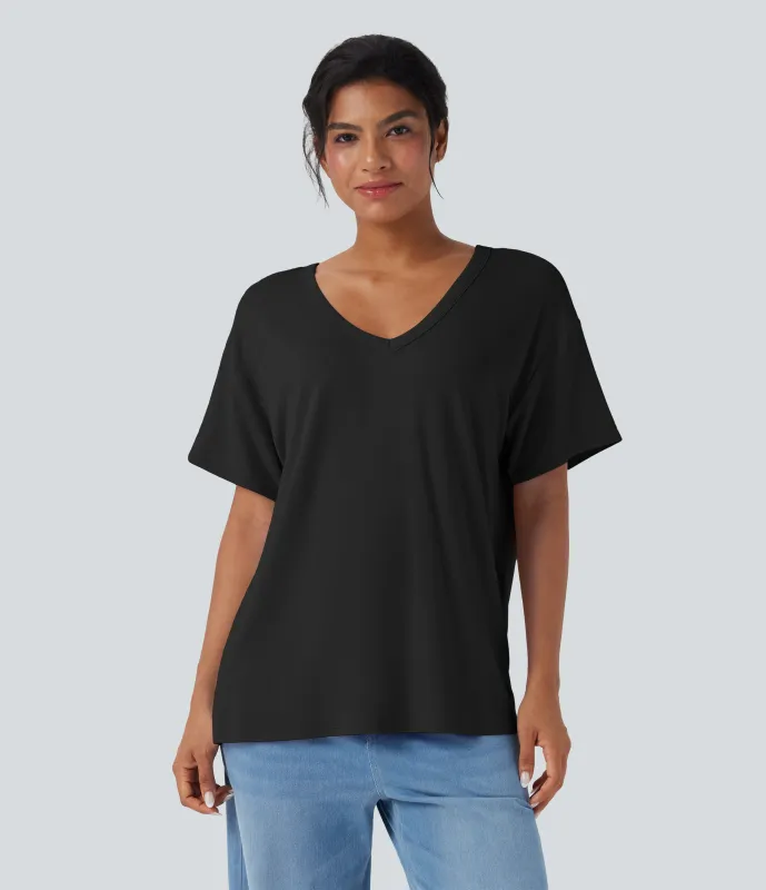 Halara Top casual holgado de manga corta con escote en V profundo - Black - XS sold by Halara