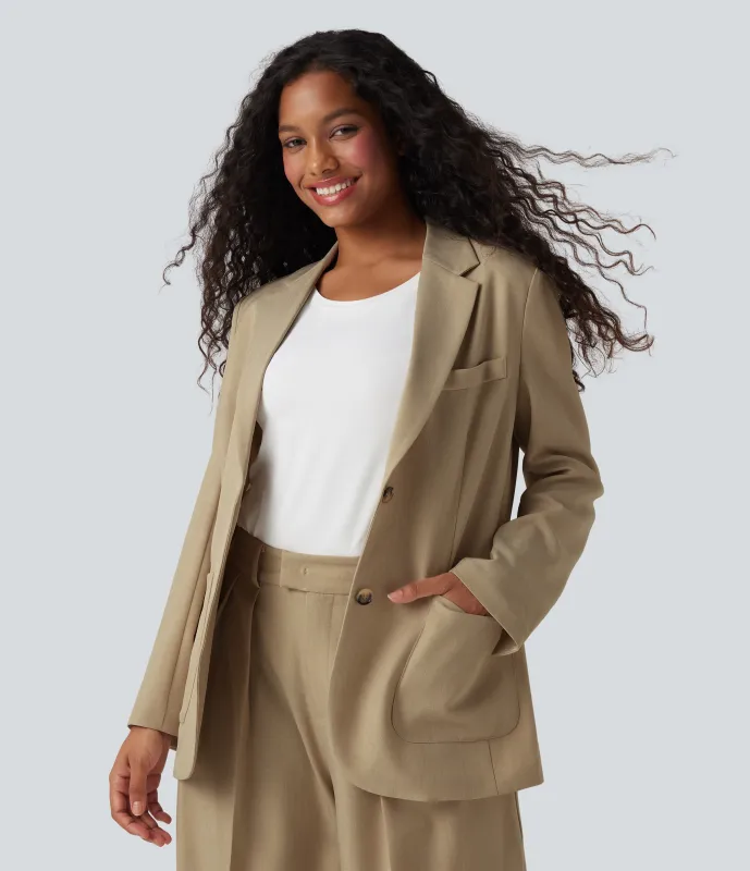 Halara Blazer de oficina de lino antiarrugas de manga larga con solapas y bolsillos - Sandstone Tweed - XL sold by Halara