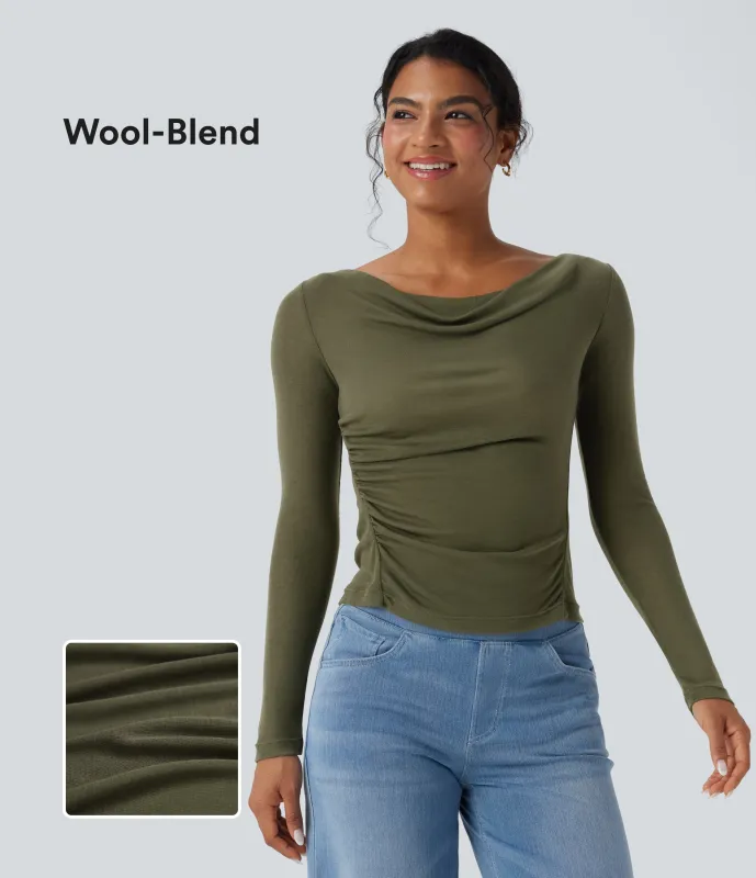 Halara Top casual fruncido de lana con cuello vuelto y manga larga - Winter Moss - M made by Halara