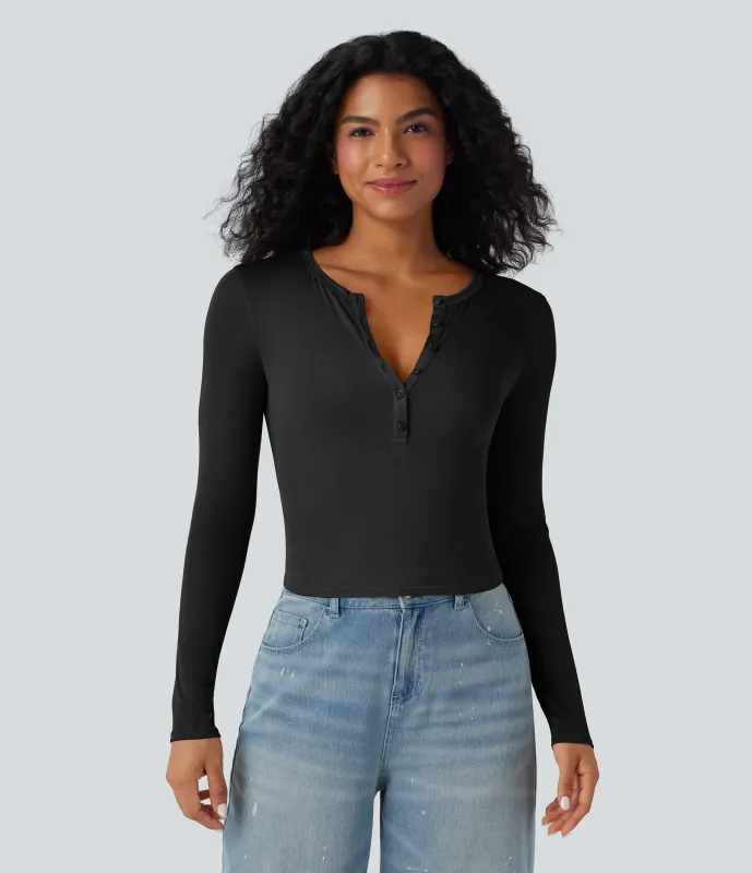 Halara Top casual de manga larga con cuello henley acanalado - Black - XL sold by Halara
