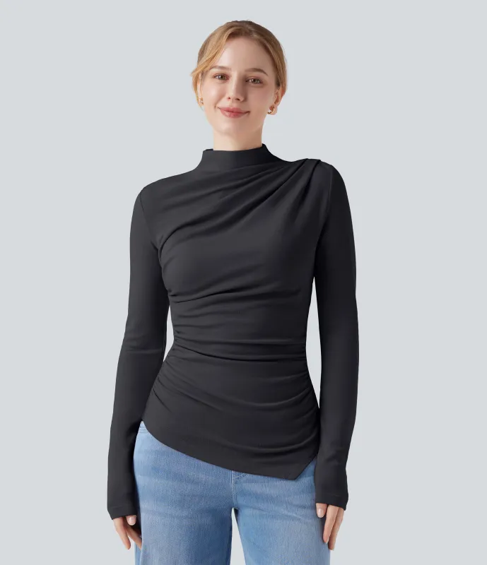 Halara Top casual térmico de cuello alto de manga larga con dobladillo asimétrico fruncido - Charcoal Art - XS sold by Halara