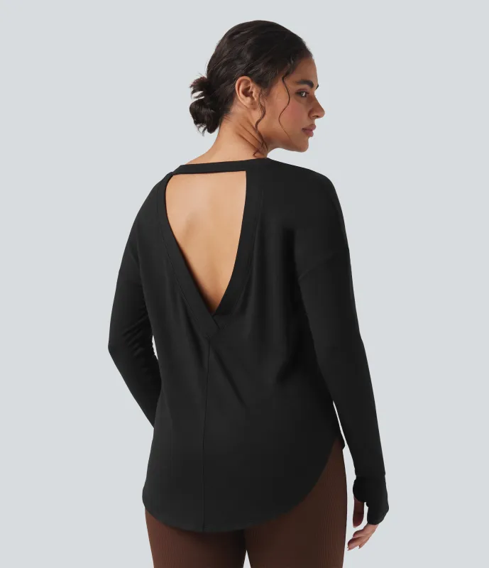 Halara Sudadera casual holgada de manga larga con aberturas en la espalda y dobladillo curvo - Black - S sold by Halara