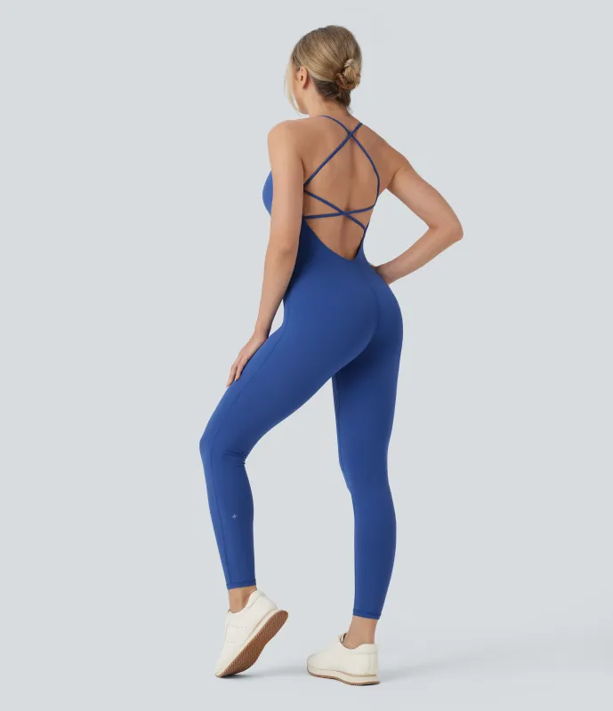 Halara Jumpsuit de yoga ajustado SoftlyZero™ sin mangas y con espalda descubierta entrecruzada - Beaucoup Blue - S(7/8) sold by Halara