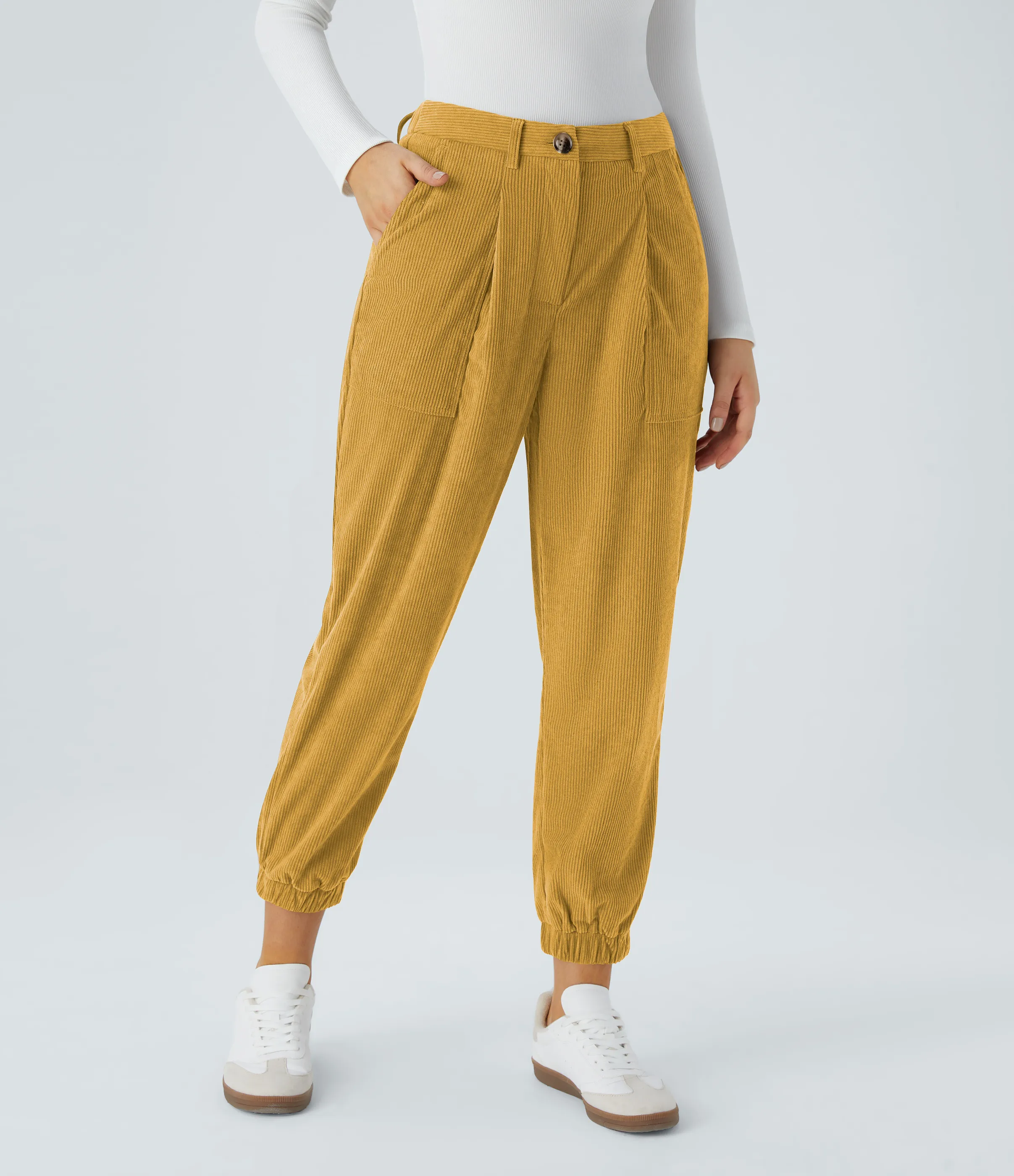 Halara Pantalón deportivo pana cremallera botón tiro medio múltiple bolsillo - Amber Gold - M(petite) sold by Halara product image thumbnail 4