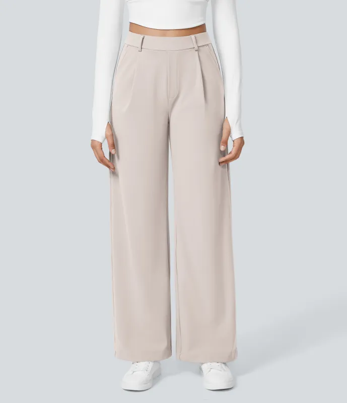 Halara Pantalón oficina pierna recta bolsillo lateral tiro alto pliegue - Oat Milk - S(regular) sold by Halara