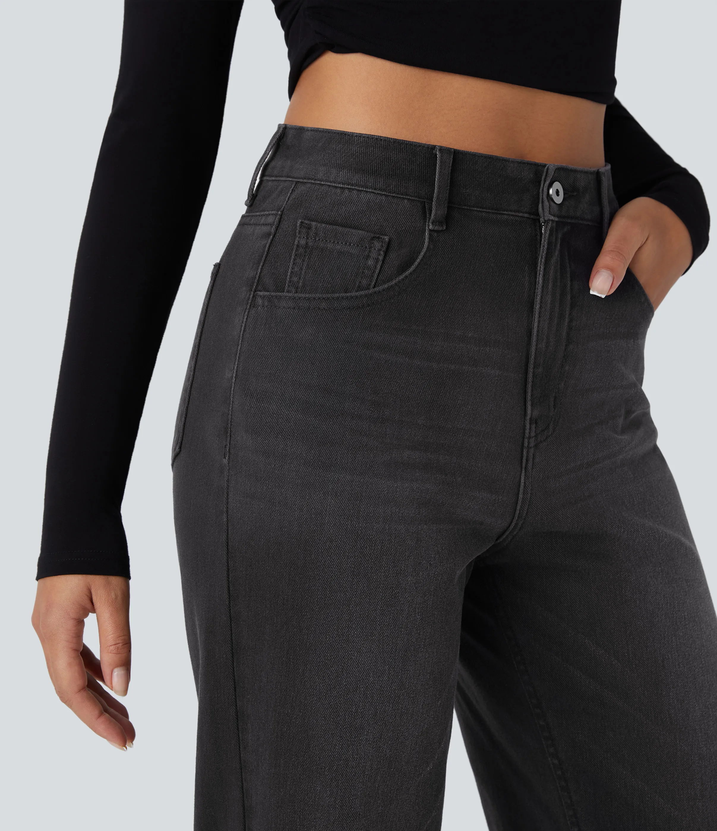 Halara Jeans casuales anchos elásticos Halara Flex™ lavados de tiro alto con varios bolsillos y dobladillo enrollado - Deep Ink Black Denim - M(petite) sold by Halara product image thumbnail 5