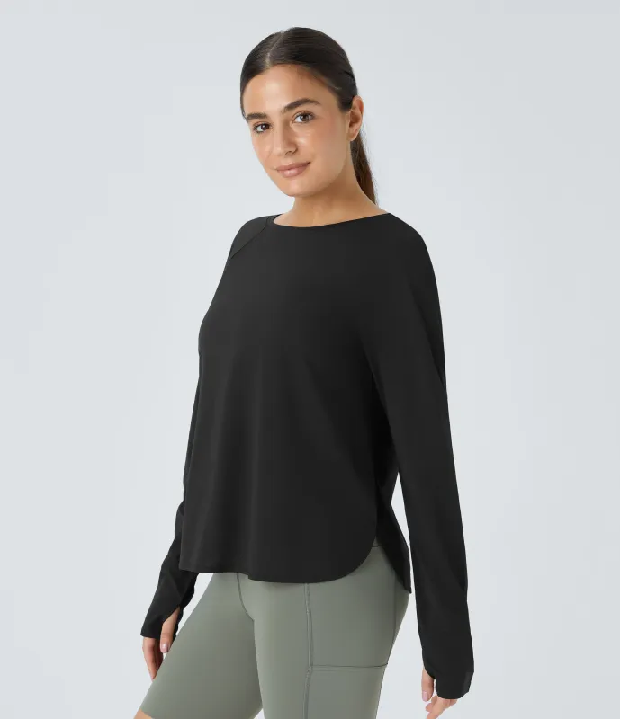 Halara Top deportivo senderismo cuello redondo manga raglán abertura pulgar dobladillo dividido curvo - Black - XS sold by Halara